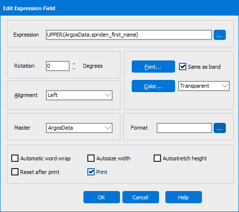 This image shows the Edit Expression Field dialog.  Options for rotation, font selection, color selection, alignment, word wrap, among others exist.